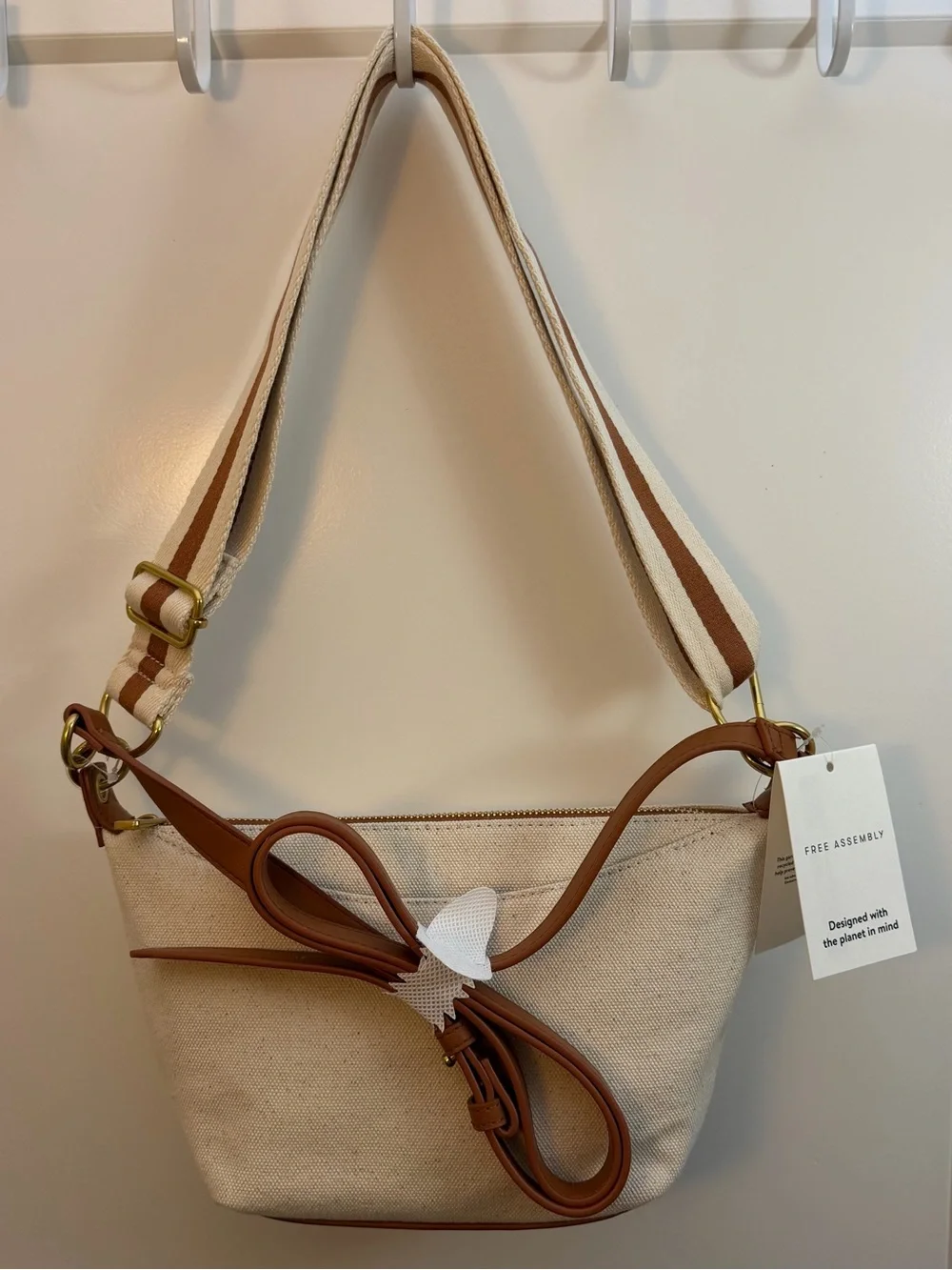 Free Assembly Cream Canvas Shoulder Bag with Brown Trim